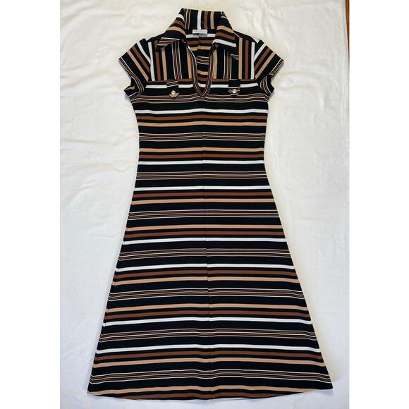 Vintage 60'-70's Brown Striped A-line Midi Twee Dress Size S / M V-Neck - Picture 4 of 10